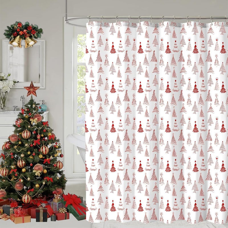YOSTEV Christmas Shower Curtain, Red Christmas Tree Shower Curtains for Bathroom Decor, White Red Winter Holiday Shower Curtain, Merry Christmas Xmas Pine Fabric Cloth Bath Curtain, 72 x 72 Inch - Image 1